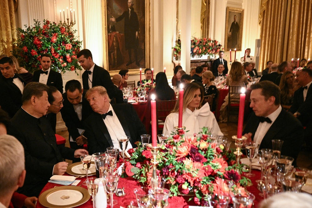 'Anybody [who] wants to walk into a construction site that's nice and clean and sparkly, it's our honor to have you do so,' Trump told his dinner guests Thursday when boasting about his massive, golden ballroom (AFP via Getty Images)