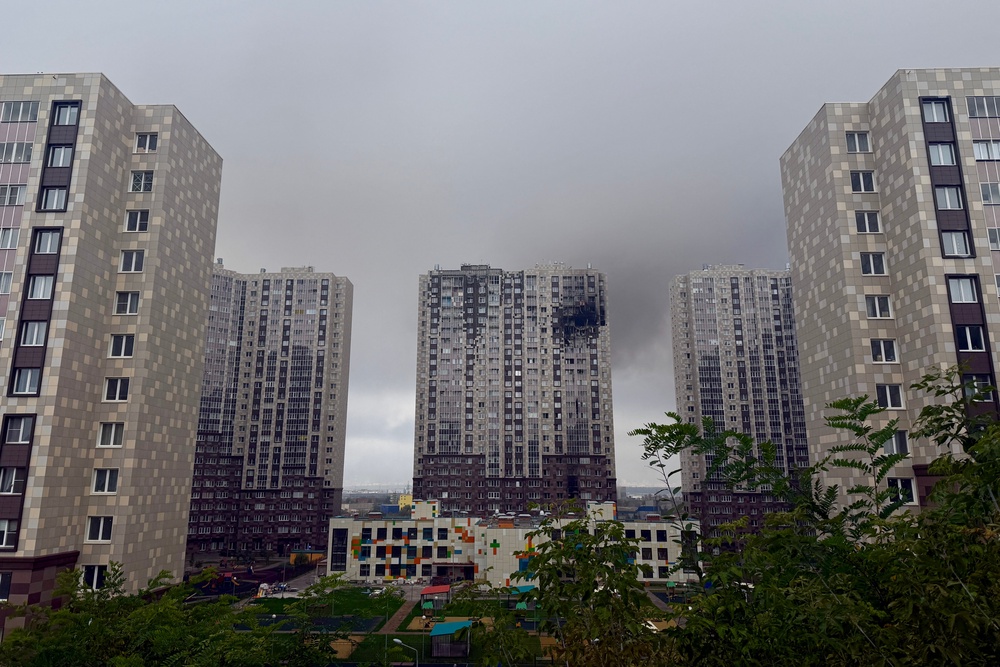 A view shows a damaged multi-storey apartment building following a drone attack in Kotelniki in the Moscow region on September 20, 2026. (AFP/Getty)
