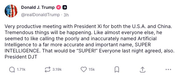 President Donald Trump says his meeting with President Xi was 'very productive' in a post on Truth Social (Truth Social)