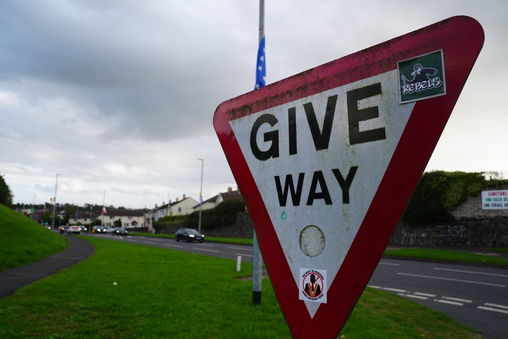 A sticker on a road sign on the Garvaghy Road in Portadown (Brian Lawless/PA) (PA Wire)