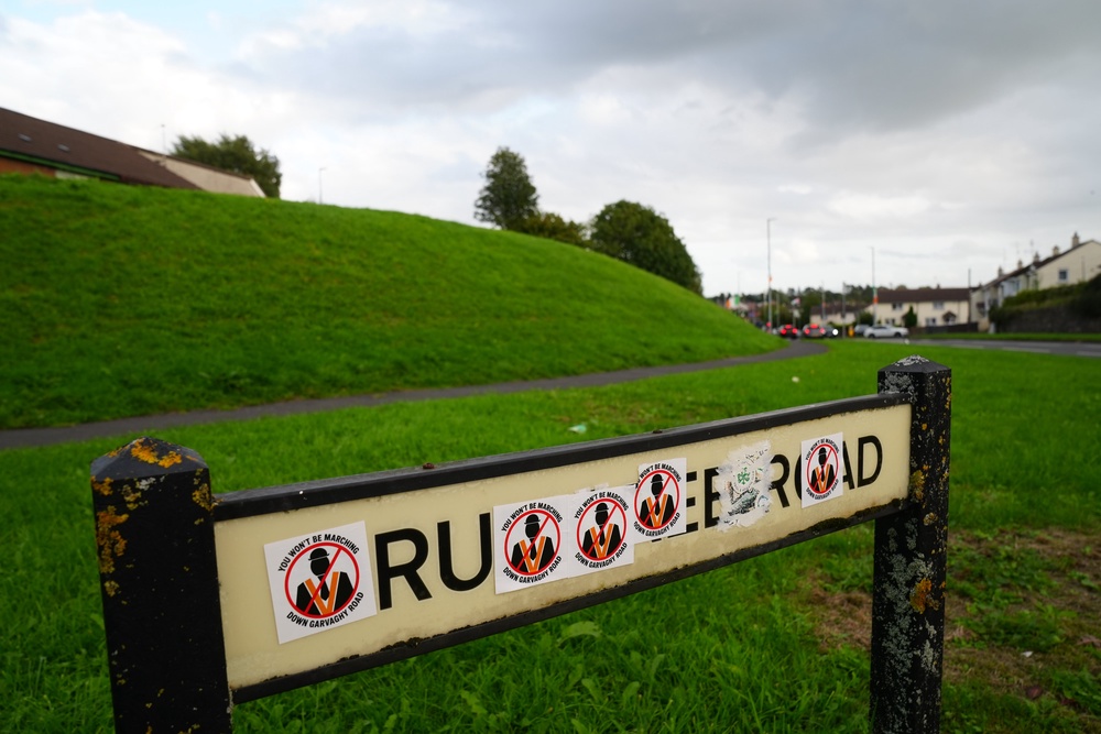 Stickers on a road sign near the Garvaghy Road in Portadown (Brian Lawless/PA) (PA Wire)
