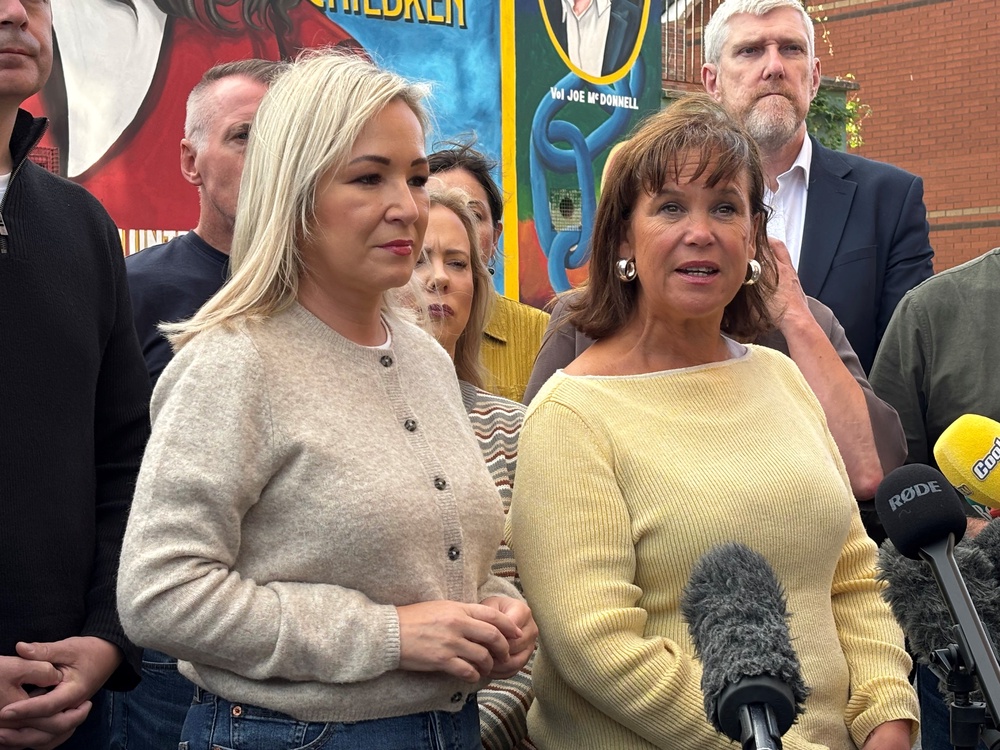 Sinn Féin’s Michelle O’Neill and Mary Lou McDonald speak outside party offices in Belfast (Rebecca Black/PA) (PA Wire)