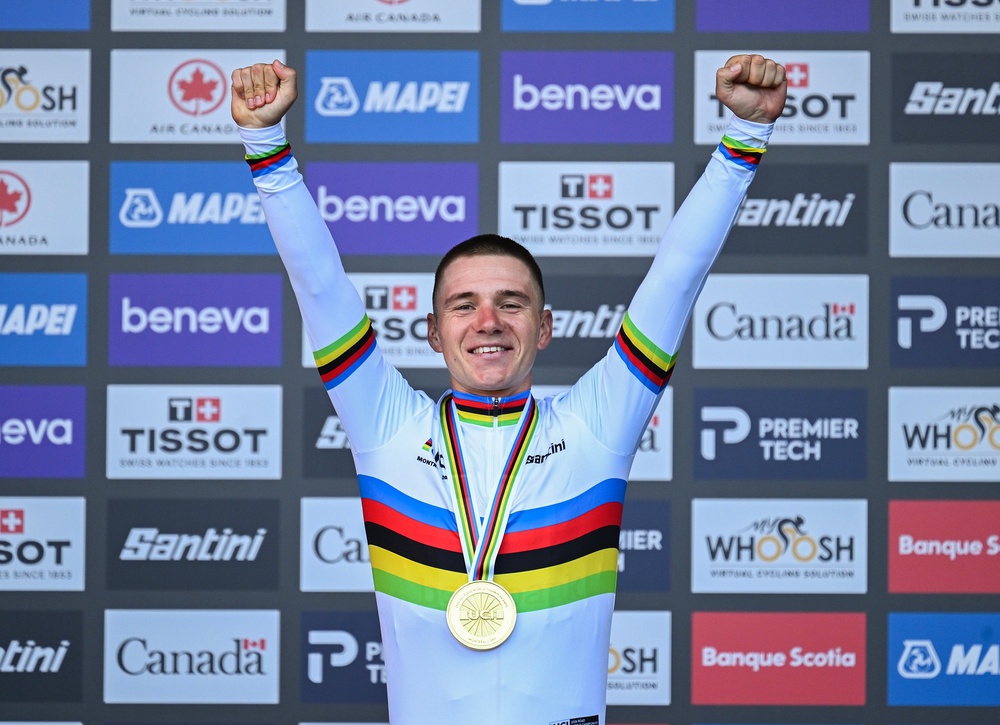 Remco Evenepoel won the time trial last weekend and is favourite to add the road title (AP)