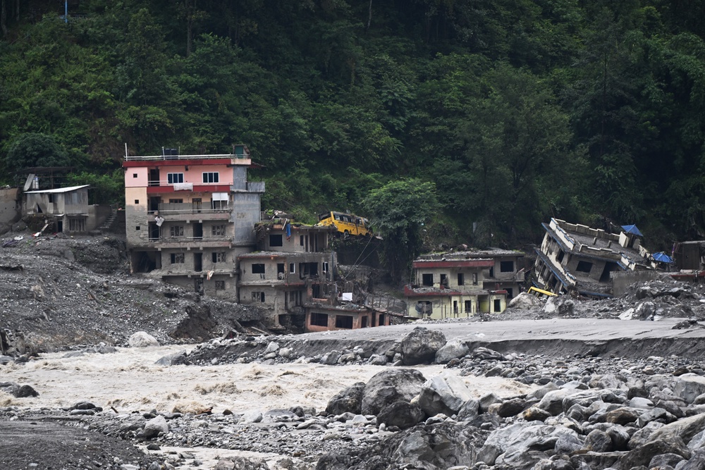 A general view shows damaged houses covered in sludge in the aftermath of the August 26 flash flood, at Betrawoti Bazaar in Nepal's Rasuwa district on September 26, 2026 (AFP/Getty)