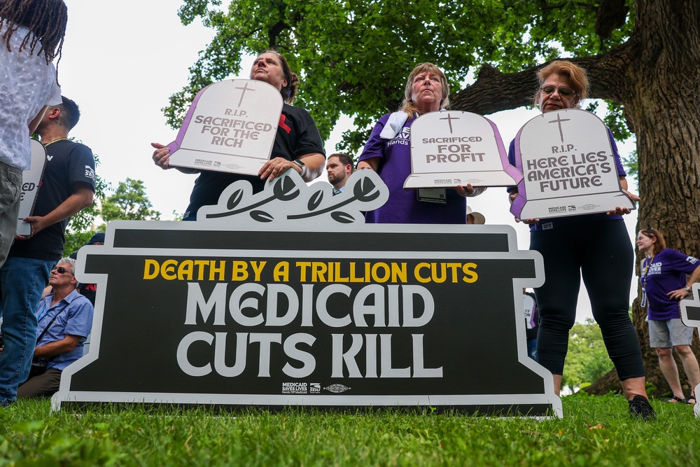 Care workers protest at the US Capitol on June 23, 2025 in Washington, DC to denounce Medicaid cuts (Getty Images for SEIU)