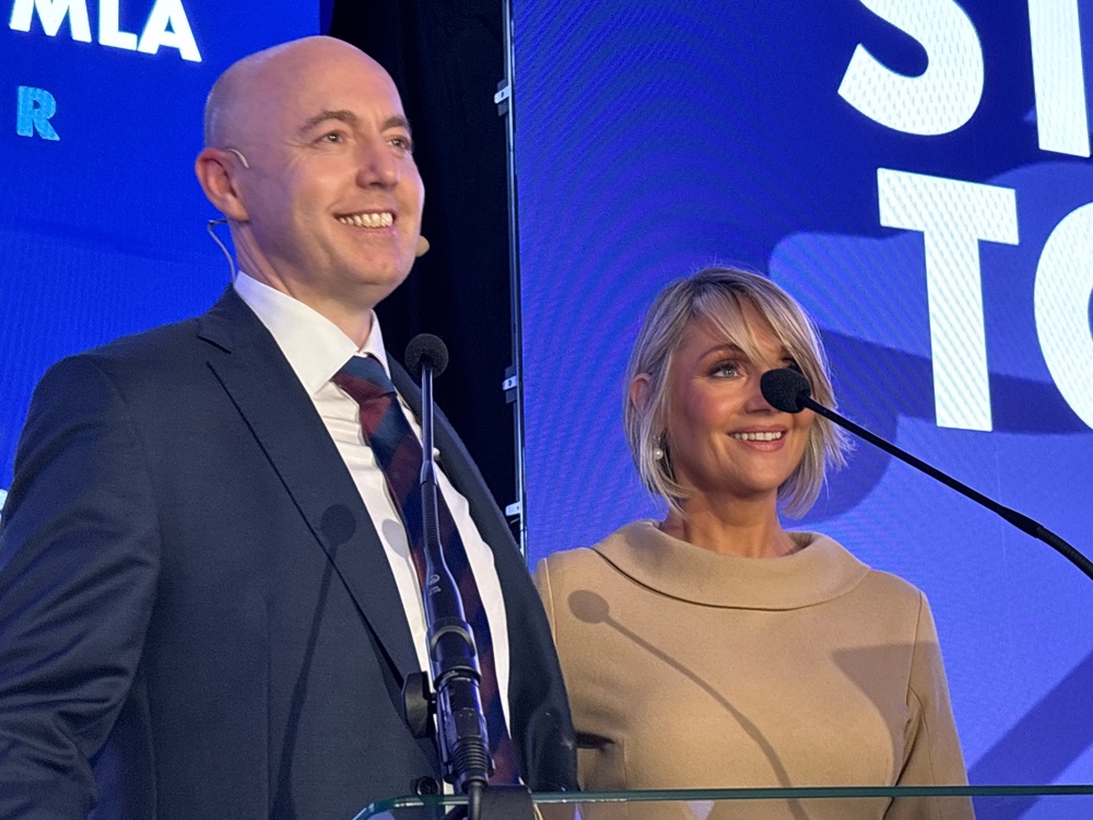 UUP leader Jon Burrows after delivering his address to his first UUP conference as party leader on Saturday at the Crowne Plaza hotel in south Belfast. (Rebecca Black/PA)