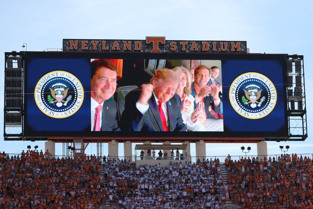 Trump on the video board at Neyland Stadium (Randy Sartin-Imagn Images)