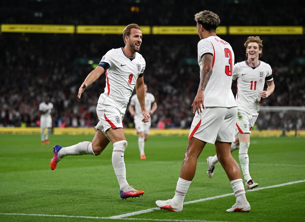 Harry Kane celebrates after scoring England's second goal (Getty)
