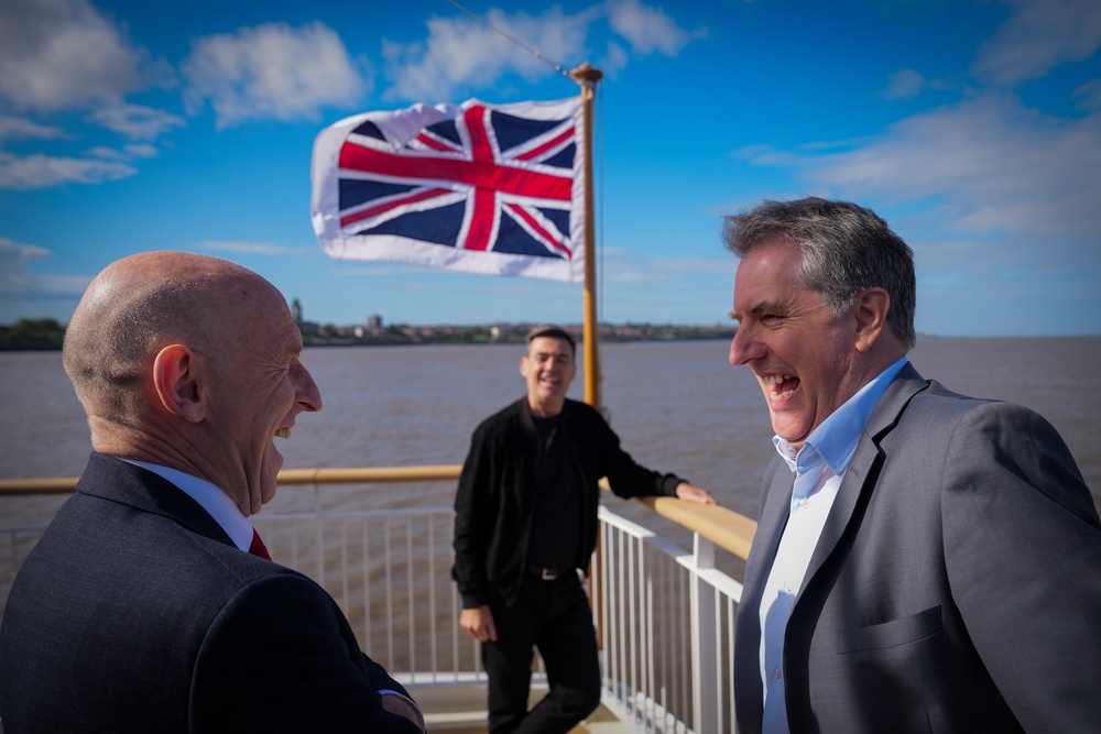 Liverpool City Region mayor Steve Rotheram (R), Andy Burnham and the chancellor of the exchequer, John Healey (L) share a joke as they travel on the new Royal Daffodil Mersey ferry (Getty)