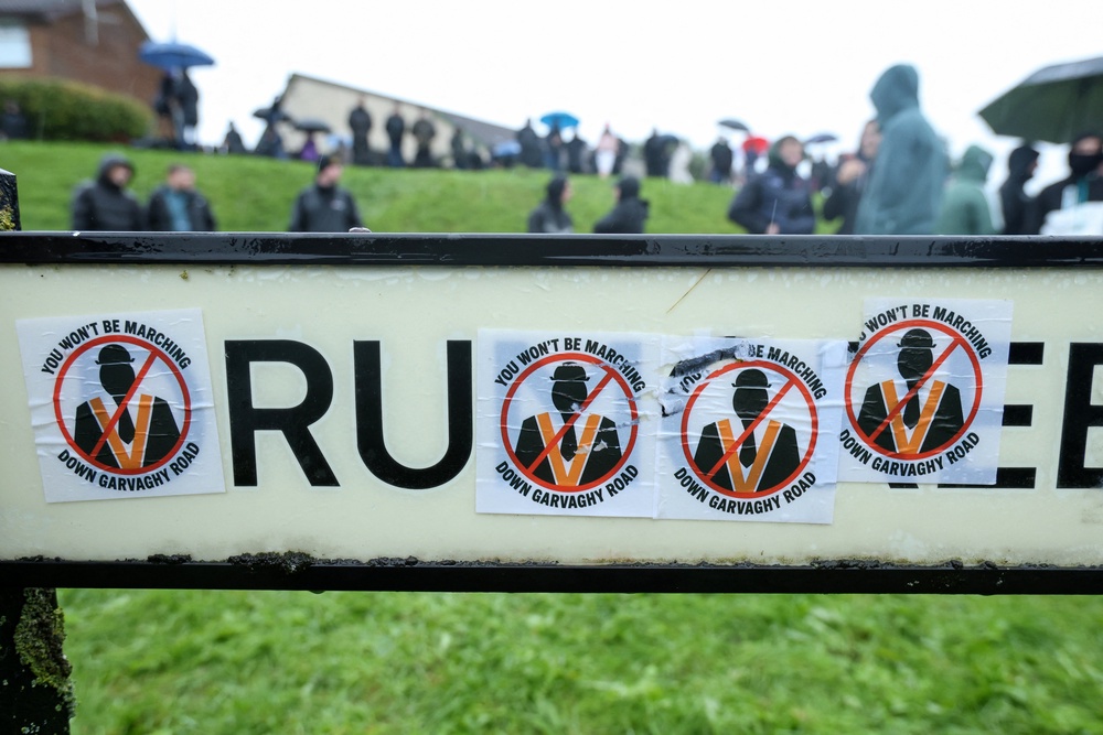 Stickers cover a road sign on Garvaghy Road in Portadown (AFP/Getty)