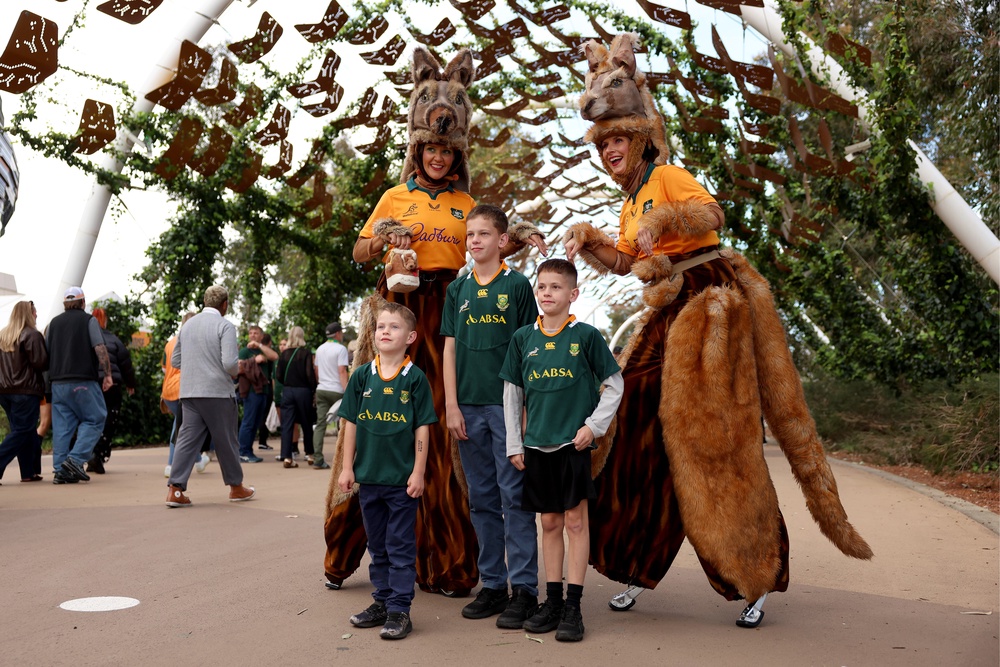 Wallabies mascots pose with fans ahead of the Rugby Championship match between Australia Wallabies and South Africa Springboks (Getty)