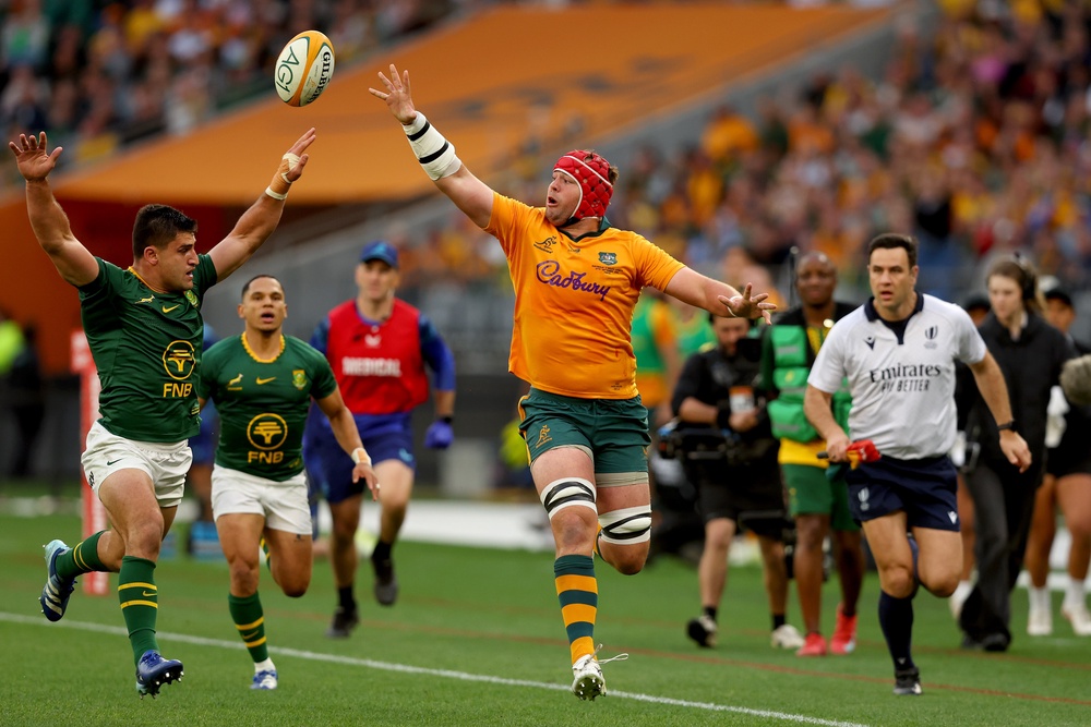 Harry Wilson of the Wallabies taps the ball during the Rugby Championship match between Australia Wallabies and South Africa Springboks (Getty)