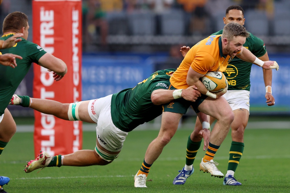 Ryan Lonergan of the Wallabies is tackled (Getty)