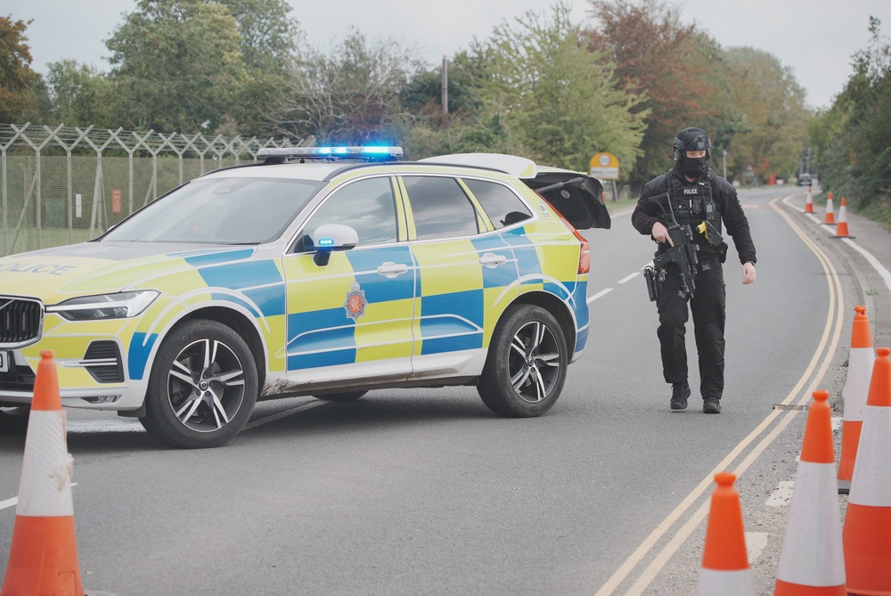 Police at a road block near RAF Fairford (Ben Birchall/PA) (PA Wire)