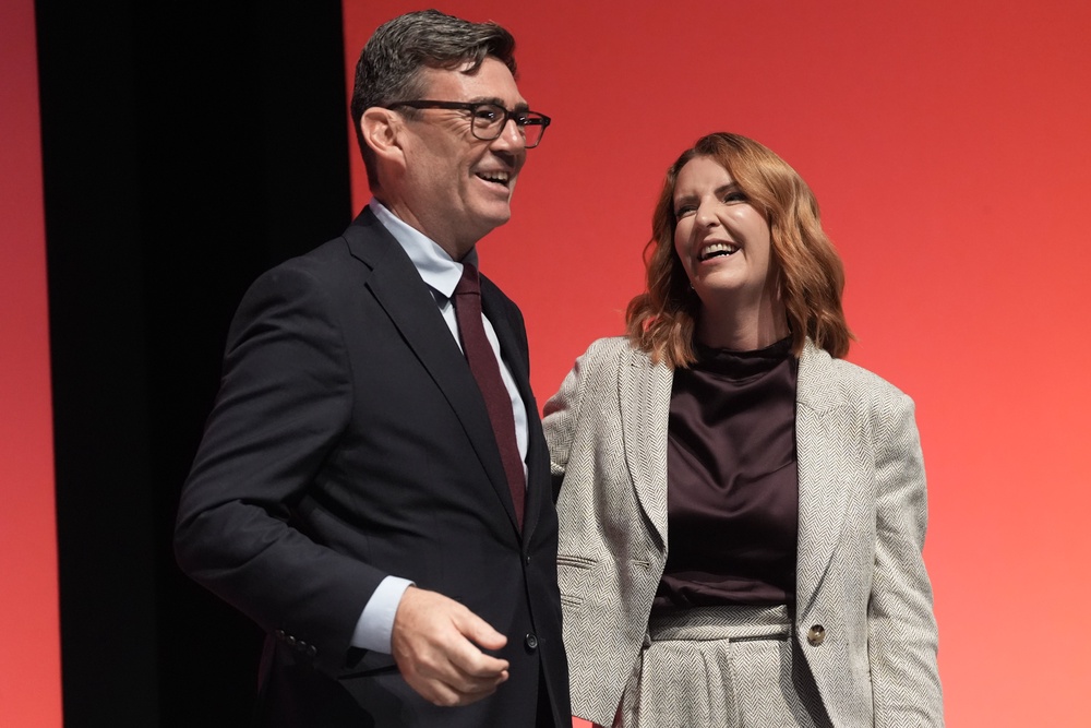 Mr Burnham with first secretary of state Louise Haigh after her speech on Sunday (PA)
