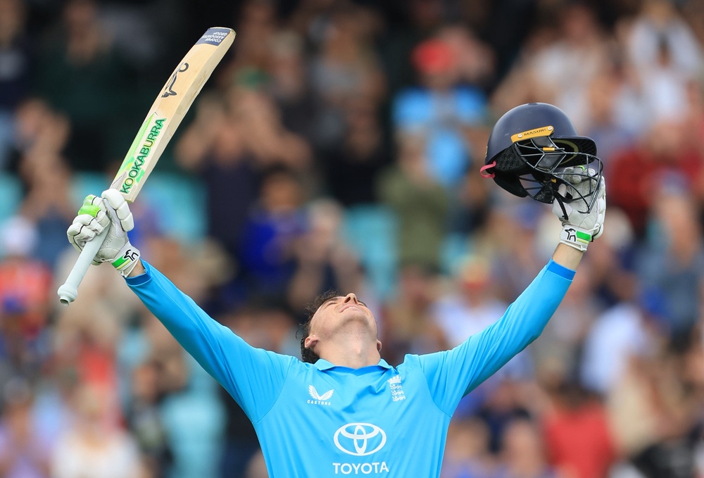 England’s Tom Banton celebrates hitting a century (Nigel French/PA) (PA Wire)