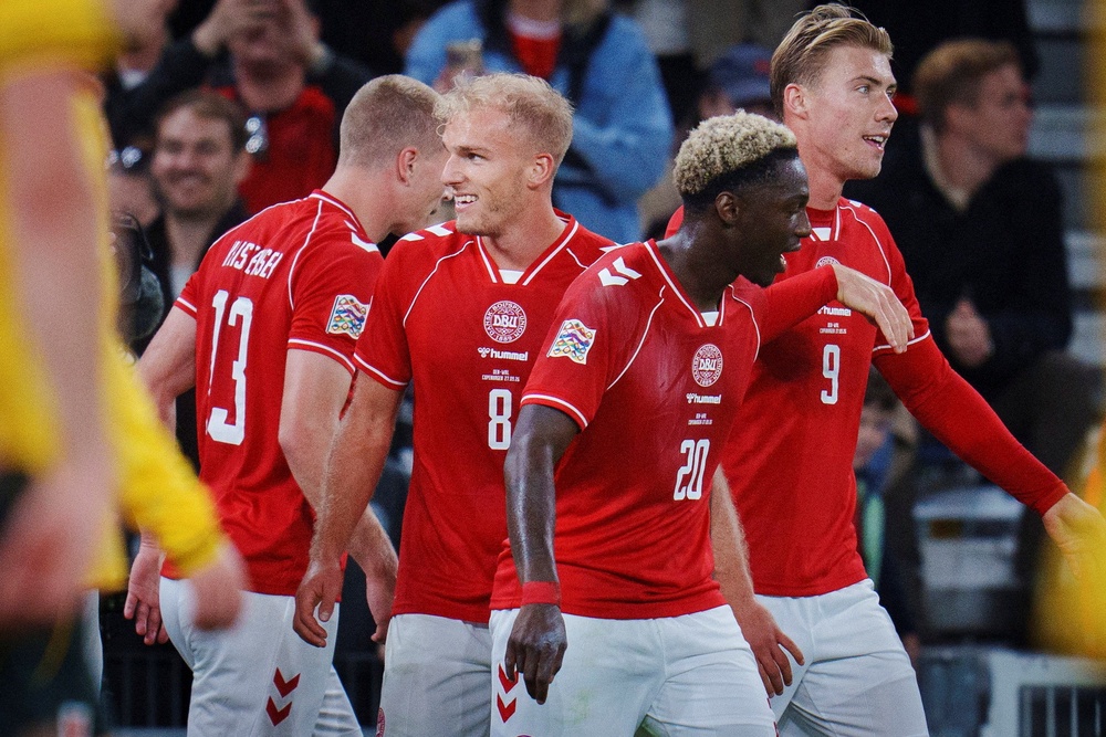 Denmark's Gustav Isaksen celebrates scoring (Reuters)