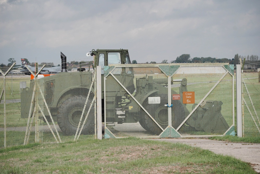 A military vehicle blocks an access gate at RAF Fairford (Ben Birchall/PA) (PA Wire)