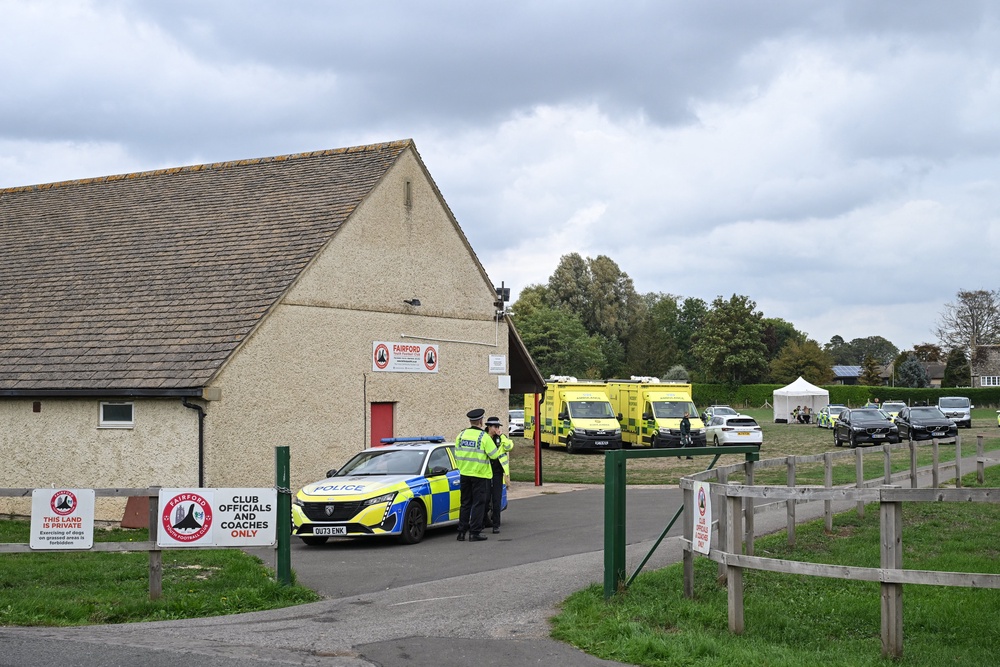 Police stand at the entrance at a base set up at the Fairford Youth Football Club near RAF Fairford base (AFP/Getty)