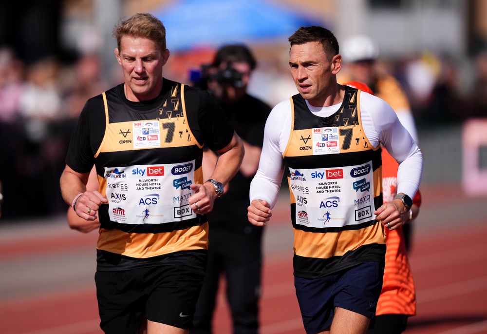 Sir Kevin Sinfield and Lewis Moody at the University of York Athletics Track on day two of the 7 in 7: The Grand Finale 2026 Challenge (Dominic Lipinski/PA) (PA Wire)