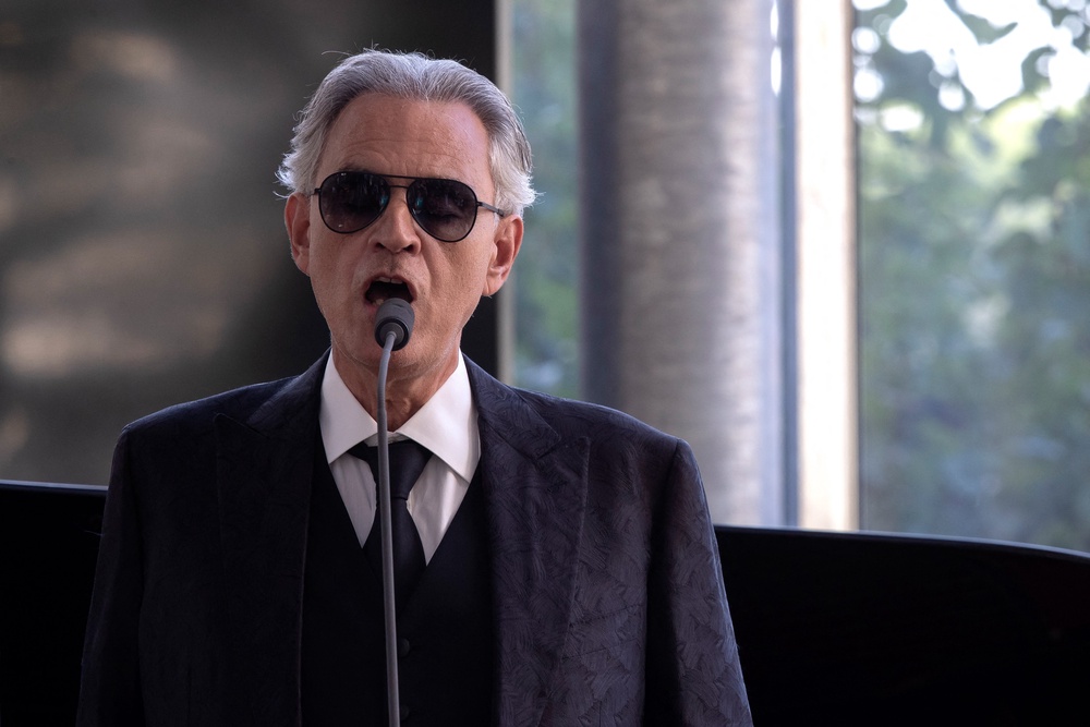 Andrea Bocelli  sings at the inauguration of the Borgo Laudato Si', attended by Pope Leo XIV in Castel Gandolfo, near Rome. (AFP/Getty)
