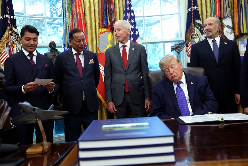 Trump looked and sounded exhausted in an Oval Office announcement on steel production (Getty)