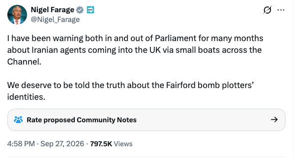 Farage appeared to ignore warnings about speculation as he posted on X about the Fairford bomb plotters (Screenshot/ X @Nigel_Farage)