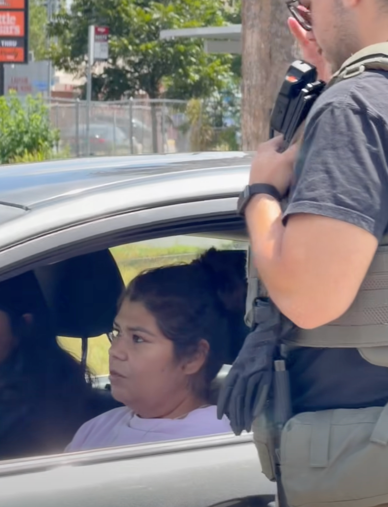 Ramirez, pictured during the encounter with ICE, which was recorded by a bystander, said she was stunned when the agents asked her children whether they were in the country illegally, and claimed they told her to ‘shut up’ when she intervened (Anthony Medrano)