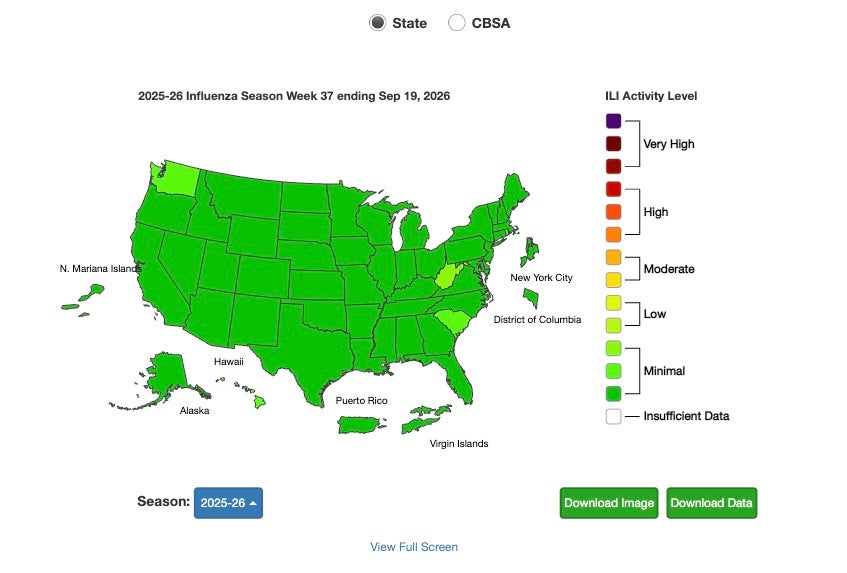 A Centers for Disease Control and Prevention map shows flu levels across the U.S. this month. The green indicates where levels are minimal, with higher levels shown in lighter green (CDC)