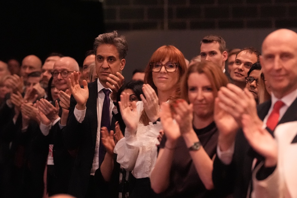Pat McFadden, Ed Miliband, Shabana Mahmood, Angela Rayner, Louise Haigh and John Healey applauding after the speech (Stefan Rousseau/PA) (PA Wire)
