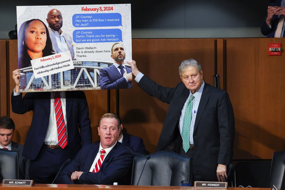 Republican Sen Eric Schmitt (left) tried to elevate a conspiracy theory against Jack Smith that immediately blew up in his face during a Senate Judiciary Committee hearing on September 29 (Getty)