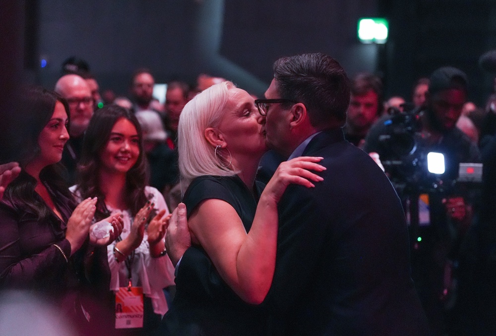 Prime Minister Andy Burnham with his wife Marie-France Van Heel after delivering his keynote speech during the Labour Party conference (Annabel Lee-Ellis/PA) (PA Wire)
