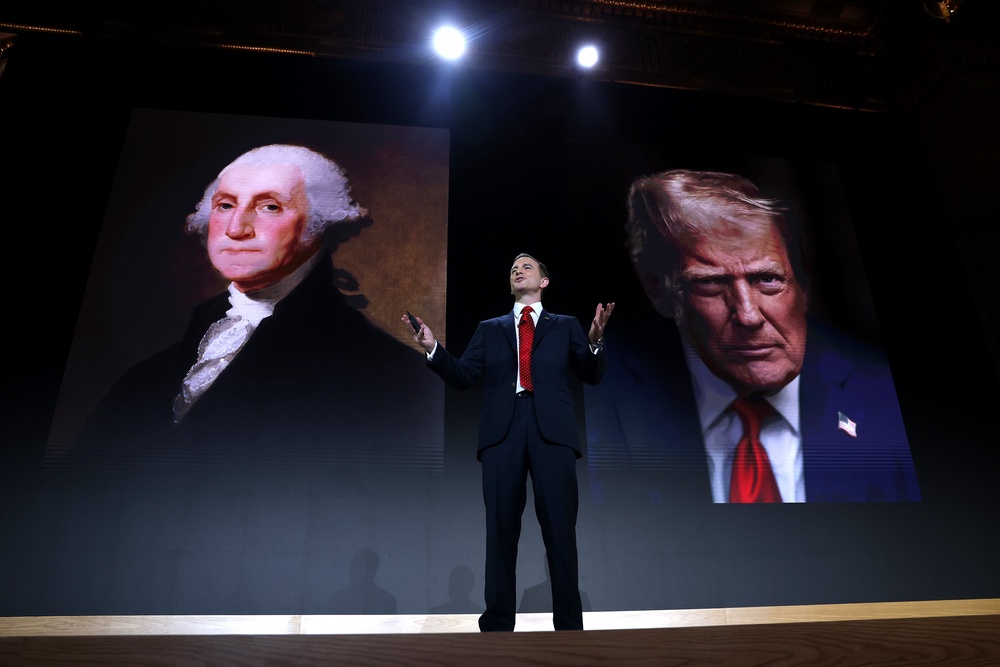 Joe Gebbia, co-founder of Airbnb and head of the National Design Studio and the man President Donald Trump tapped as the first Chief Design Officer of the United States, unveils America.gov with a poor-man’s Steve Jobs-style presentation that linked Washington to Trump (Getty)