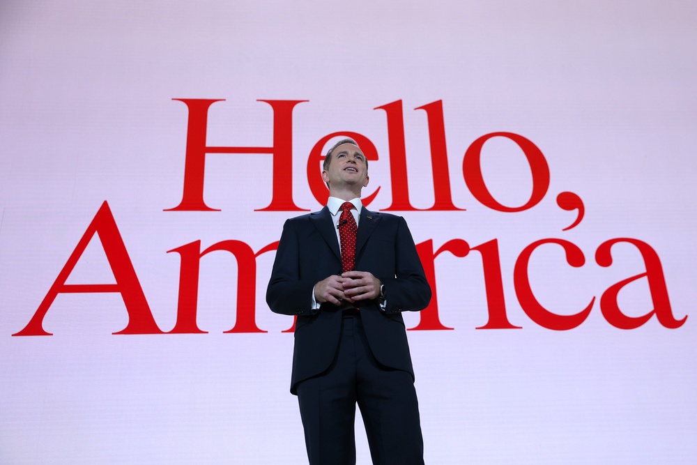 Gebbia, standing before the intro page of America.gov, suggested the site would turn government bureaucracy into something ‘like a hotel concierge’ (Getty)