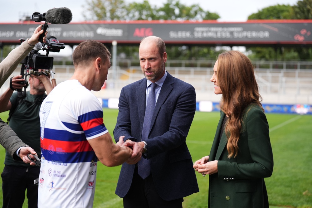 William and Kate surprised Sir Kevin Sinfield at the end of day three of his 7 in 7: The Grand Finale 2026 Challenge, at the DIY Kitchens Stadium, the home of Wakefield Trinity, in West Yorkshire (Mike Egerton/PA) (PA Wire)