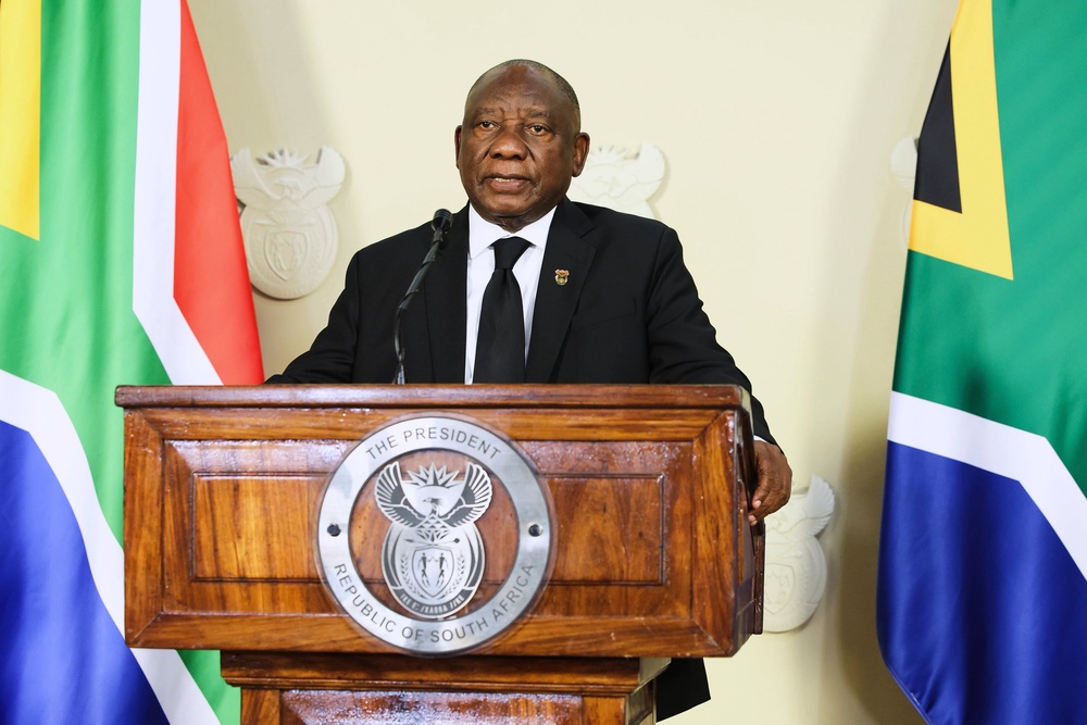 In this photo provided by the South African Government Communications and Information Services (GCIS), South African President Cyril Ramaphosa addresses the nation on new measures to tackle his country's scourge of femicide and violence against women and children as the country (Handout - Government Produced)
