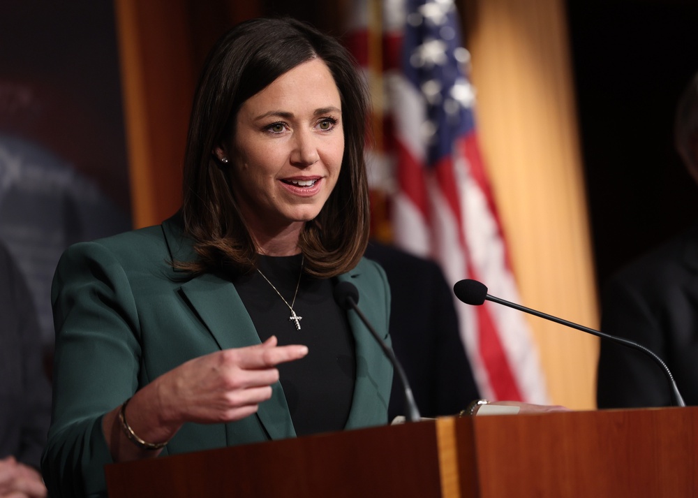 A video clip of Alabama Republican Senator Katie Britt looking visibly stunned circulated on social media during a Senate Judiciary Committee hearing as her colleague, Missouri Republican Senator Eric Schmitt, made an error in his questioning of former special counsel Jack Smith (Getty Images)