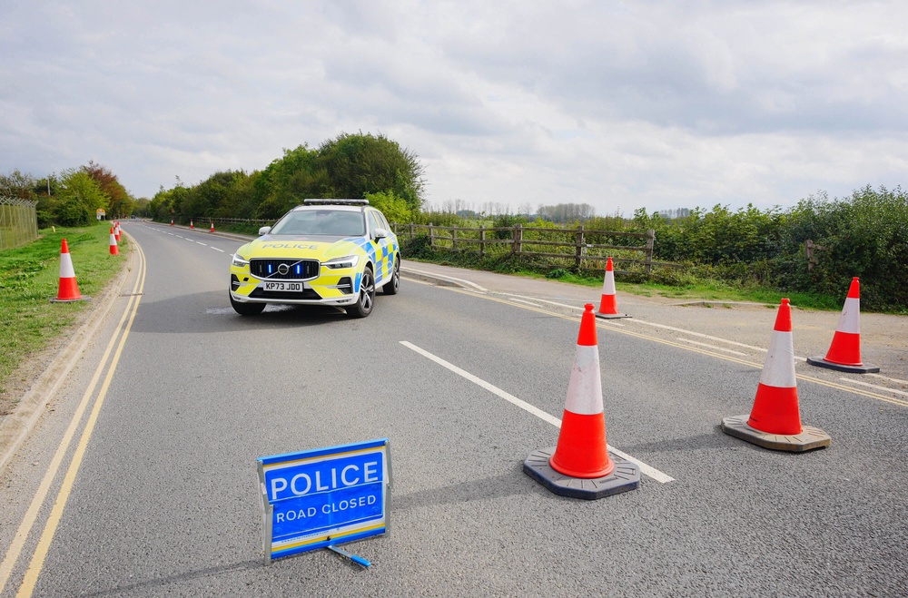 Police at a road block near RAF Fairford (Ben Birchall/PA) (PA Wire)