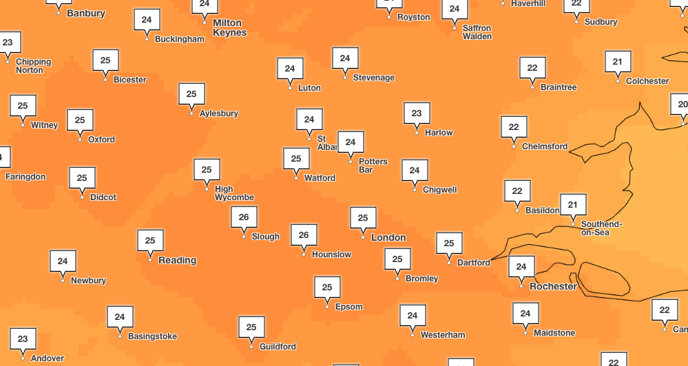 The forecaster is predicting highs of 26C and potentially 27C around Hounslow and Slough (Met Office)
