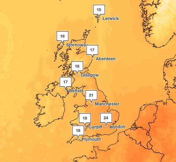 Temperatures will cool slightly on Wednesday (Met Office)