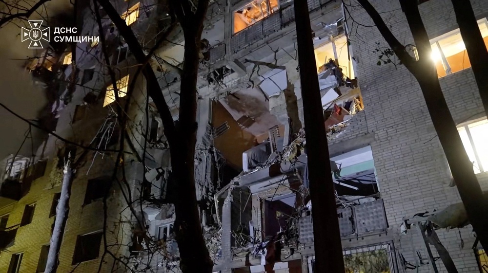 Damage at an apartment building hit by a Russian glide bomb, amid Russia's attack on Ukraine, at a location given as Sumy, Ukraine in this still image from video released 19 September 2026 (Reuters)