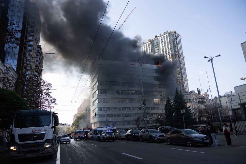 The building of the private medical clinic Dobrobut burns following a second Russian drone strike on central Kyiv (Getty)