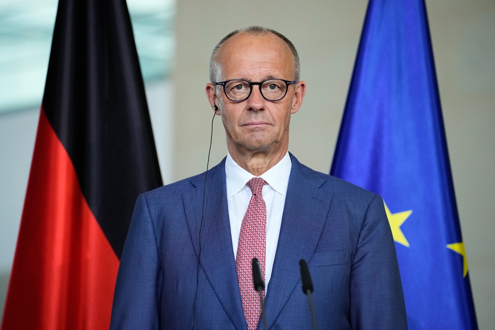 German chancellor Friedrich Merz attends a joint press conference with Kazakhstan's President Kassym-Jomart Tokayev (AP)