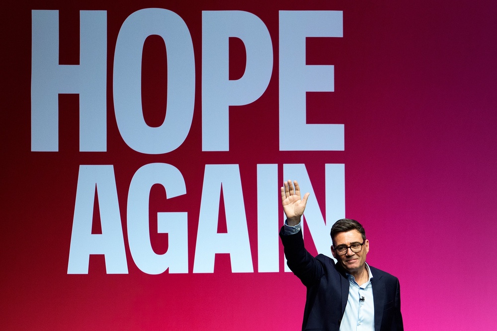UK Prime Minister Andy Burnham waves after delivering his keynote speech on day three of the Labour Party Conference at Liverpool Experience Campus on September 29, 2026 in Liverpool (Getty)