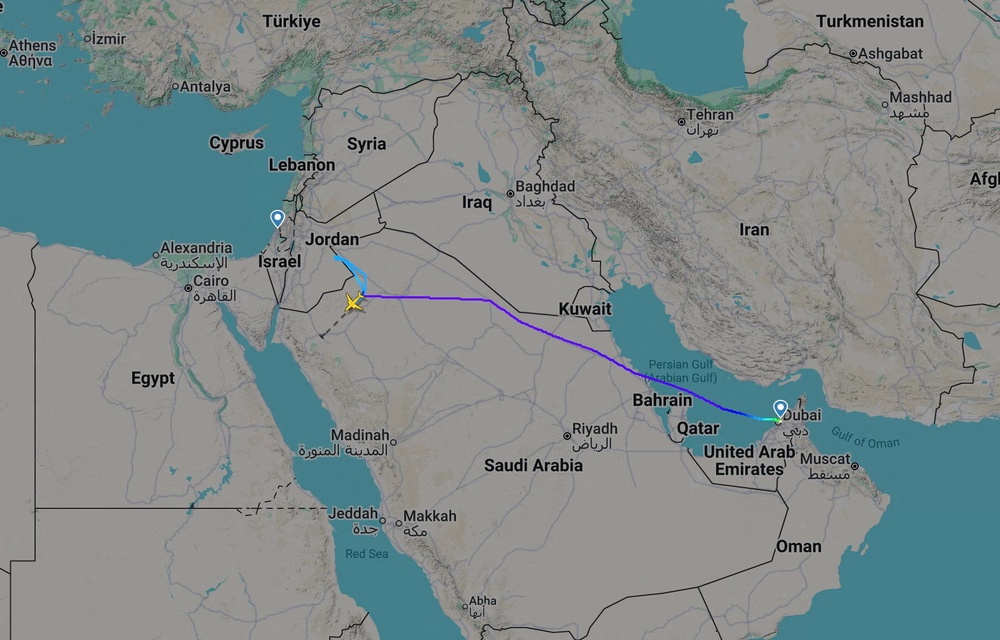 A screengrab taken from Flightradar24 shows a flydubai flight to Israel which was diverted to Saudi Arabia September 30, 2026 (Flightradar24.com)