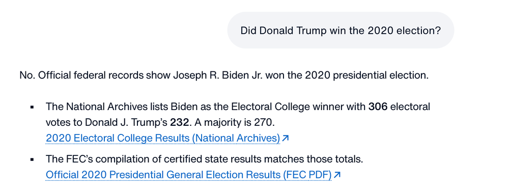 Trump's AI chat bot answers that Joe Biden won the 2020 presidential election, contradicting the Republican's long-standing insistence to the contrary (America.gov)