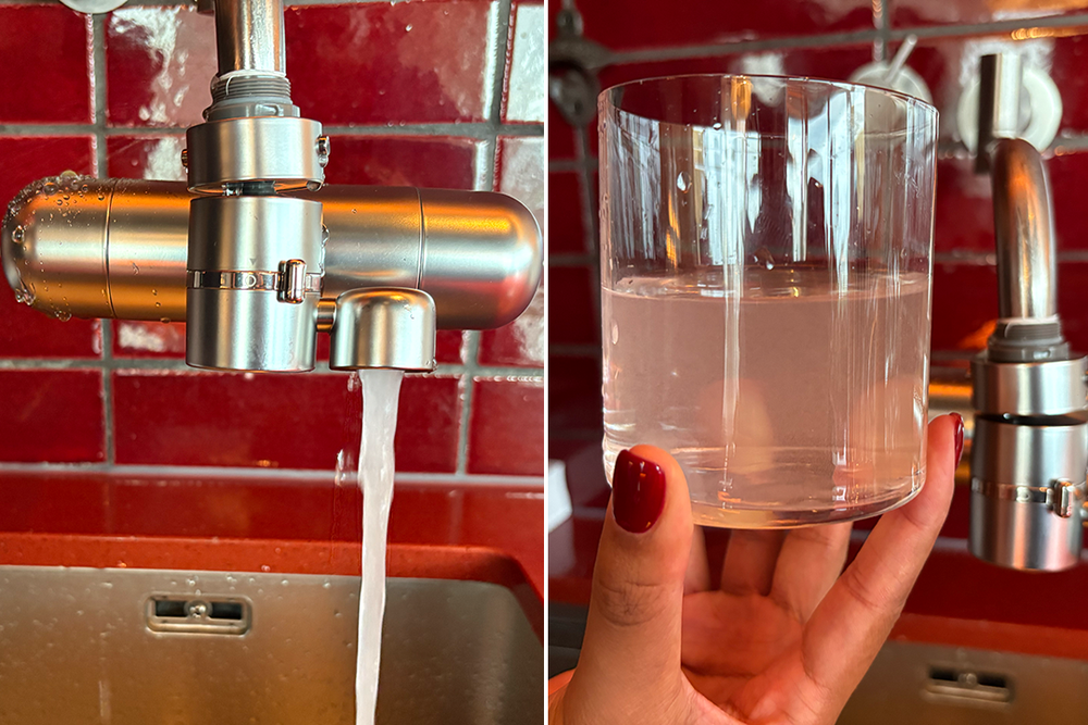 The smaller faucet adds microscopic bubbles to your water, which Hello Klean says will help to loosen make-up and SPF more effectively (Sabrina Sahota/The Independent)