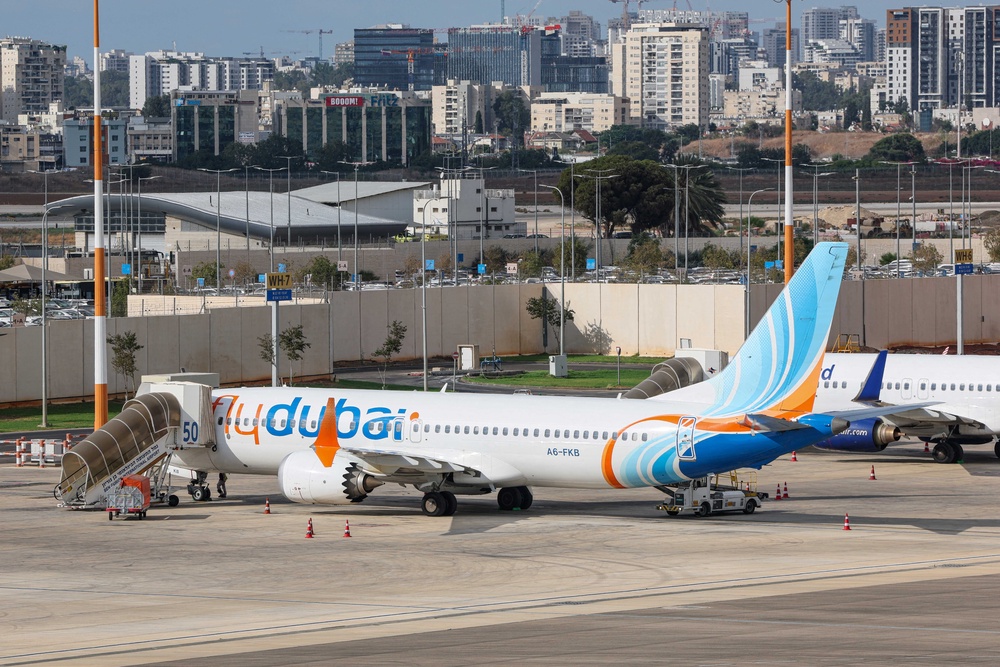 A FlyDubai flight bound for Dubai is seen before taking off from Ben Gurion Airport near Tel Aviv on September 30 (AFP/Getty)