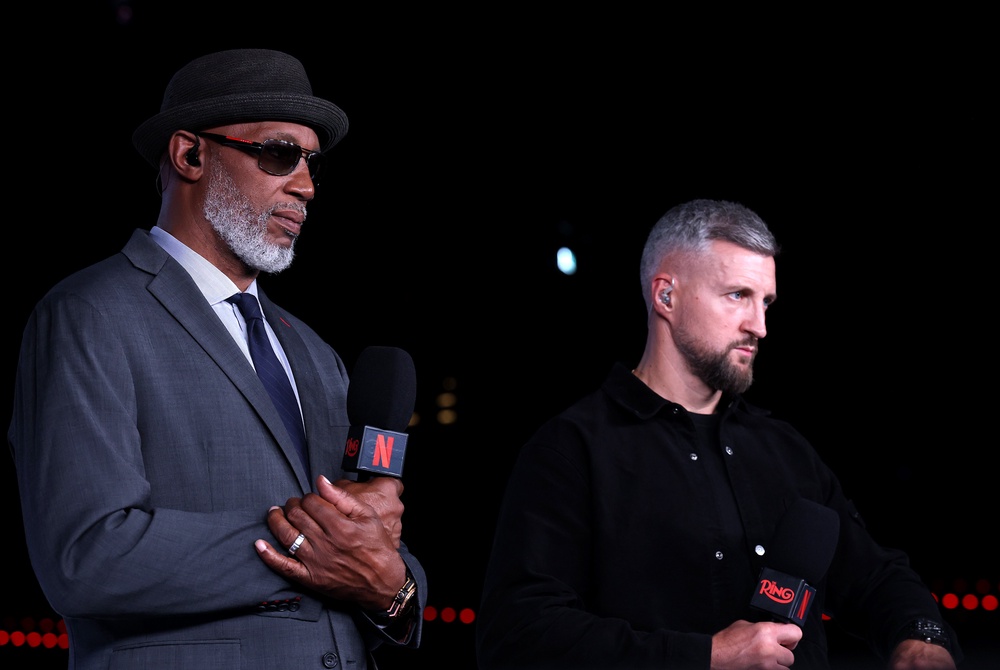 Lennox Lewis presents alongside Carl Froch before the press conference for the upcoming Tyson Fury vs. Anthony Joshua fight (Getty)