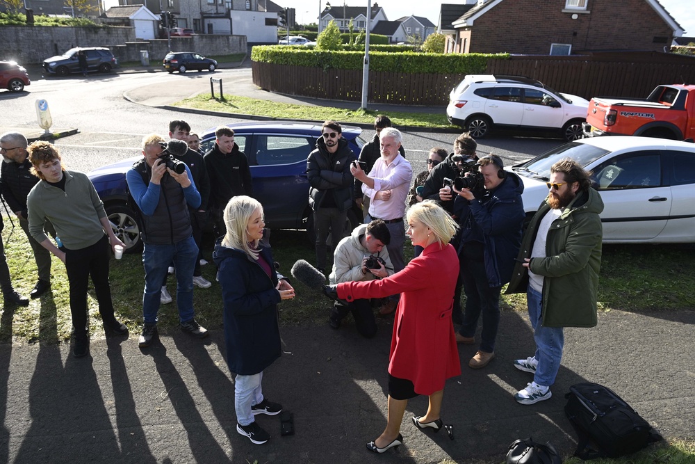 First Minister Michelle O’Neill faces questions from the media on the Garvaghy Road (Mark Marlow/PA) (PA Wire)